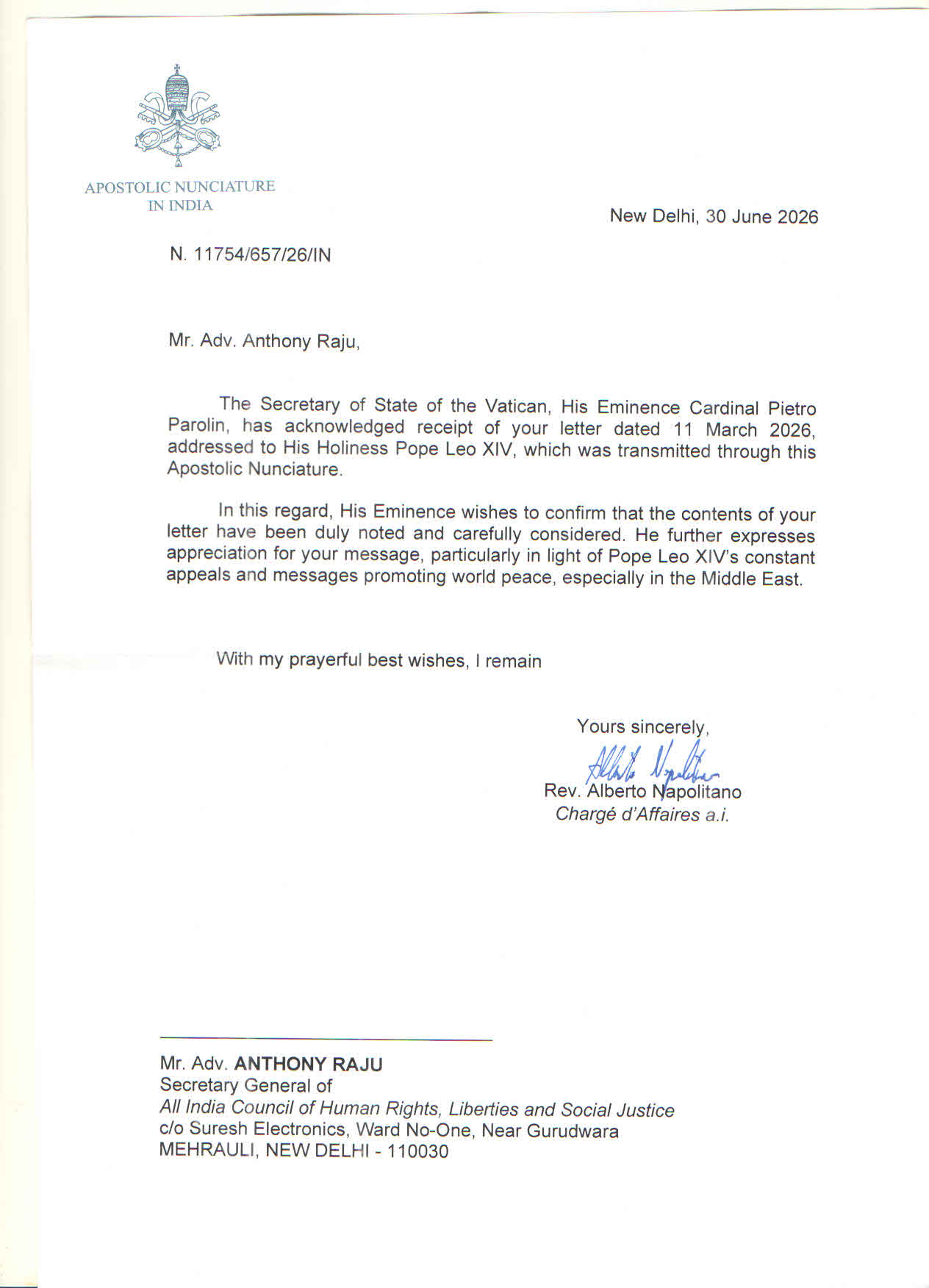 The Vatican Acknowledges Dr. Anthony Raju’s Appeal to Pope Leo XIV; AICHLS Reaffirms Commitment to Global Peace, Human Rights, Justice, and Harmony